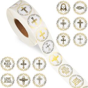 1000 Pieces Baptism Party Stickers Gold Foil Cross Stickers Religious Stickers Baptism Decorations Jesus Christian Faith Stickers for Envelope Seals, Christening, Confirmation, Communion Decoration