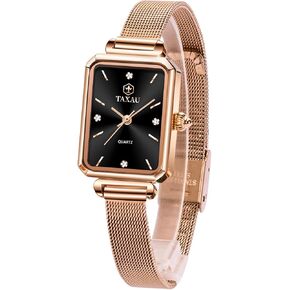 Women's Casual Watch, Rose Gold Tone Mesh Bracelet Stainless Steel Square Dress Watches for Women, Fashion Business Analog Quartz Ladies Small Wrist Watch