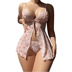 Verdusa Women's Floral Mesh Bow Ruffle Bralette Bra and Panty Lingerie Sets