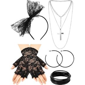 Blulu 80s Fancy Dress Costume Accessories Lace Headband Earrings Fishnet Gloves Necklace Bracelet for 80s Retro Party