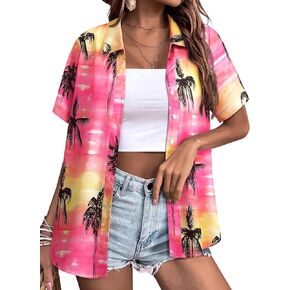 Womens Button Down Hawaiian Shirts Short Sleeve Floral Print Summer V Neck T-Shirt Casual Summer Beach Blouses Tops in Kuwait