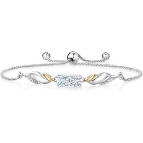 Gem Stone King 925 Silver and 10K Yellow Gold Sky Blue Aquamarine White Moissanite and Lab Grown Diamond Bracelet For Women | 1.02 Cttw | Round 5MM | Fully Adjustable Up to 9 Inch