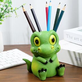 Dinosaur Pencil Holder for Desk, Large Capacity Pen Holders, Resin Dino Pencils Holder & Pen Holders, Dinosaur Desk Decor Accessories for Office, Home, School-Green