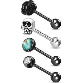 Jewseen 4Pcs Halloween Tongue Rings Skull Tongue Piercing Jewelry Black Rose Tongue Barbell 14G Tongue Studs CZ Straight Barbell for Women Men