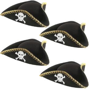 4 Pack Tricorn Hat Black Pirate Hats Colonial Tricorn Hat for Halloween Dress up Pirate Party Costume Accessory