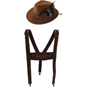 Lederhosen Suspenders German Oktoberfest Alpine Fedora Hat Adult Costume Set in Kuwait