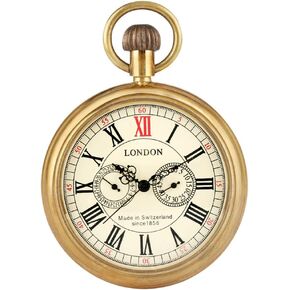 Tiong Vintage Copper Stainless Steel London Design Mechanical Hand-Wind Engraved Pocket Watch Mens Watches