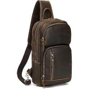 LANNSYNE Full Grain Leather Sling Bag For Men, Crossbody Bag fits 12.9" iPad Crossbody Chest Daypack