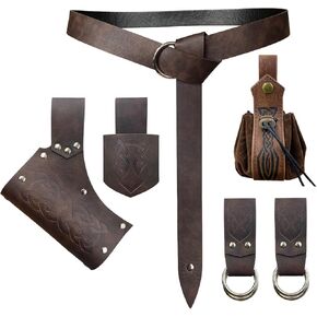 6 PCs Renaissance Belt Costume Medieval Accessories Belt Pouch Skirt Hiking Sword Frog Viking Horn Belt Holster (Brown A)