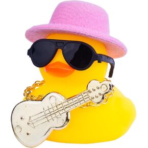 Car Rubber Duck Ornaments Yellow Duck Car Dashboard Decorations with Mini Top Hat Guitar Sunglasses Necklace(G2)