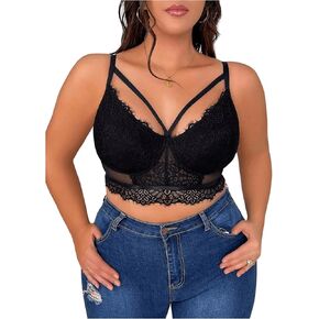 WDIRARA Women's Plus Size Contrast Lace Cut Out Bra V Neck Wireless Bralette Strappy Sexy Lingerie Bra