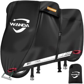 WANDA 420D Motorcycle Cover Heavy Duty Waterproof Sun Outdoor Storage Protection, All Season Motorbike Scooter Covers for Harley Davidson&Kawasaki&Honda&Yamaha with Storage Bag(4XL: 116" * 43" * 55")