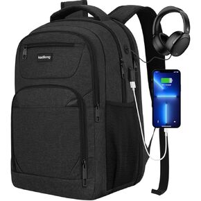 17.3 Inch Laptop Backpack for Men, Business Anti Theft Sturdy Bagpack with USB Charging Port, Water Resistant College School Computer Bag Bookbag Gift for Teens Boys, Black