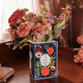 Ceramic Book vase for Flowers, book flower vase for home decor, Cute Bookshelf Decor, Book Lovers Gifts, Unique Home/Bedroom/Office Accent (Small - Secret Garden)