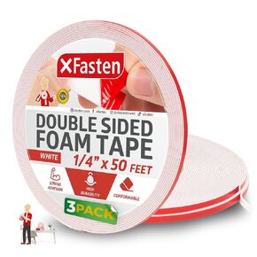XFasten Double Sided Foam Tape for Crafts Card Making 1/4 Inch x 50 Feet 3-Pack 150ft Total Foam Tape Craft Double Sided Foam Tape Heavy Duty Double Sided Foam Mounting Tape Double Sided