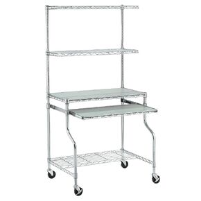 Nexel Commercial Wire Shelf Mobile Computer LAN Workstation, 31.5"W x 24"D x 63"H, Keyboard Tray, Adjustable, Castors, Chrome