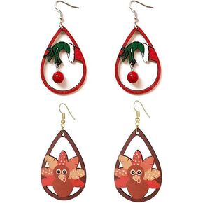 2 pairs Christmas Thanksgiving Earrings for Women Christmas Wooden Painted Teardrop Dangle Earring Holiday Christmas Jewelry