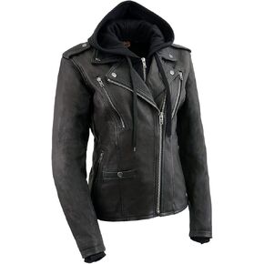 Milwaukee Leather MLL2575 Women's Black Leather Vented Motorcycle Jacket w/Removable Hoodie