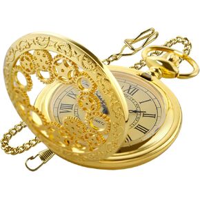 Gold Gear Hollow Pattern Pocket Watch White Roman Numeral Scale Quartz Pocket Watches for Men with Chain