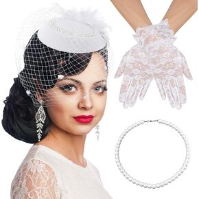 3 Pieces Fascinator Hat for Women Tea Party Hat and Gloves Set for Women White Fascinator Hats with Lace Gloves Pearl Necklace for wedding party