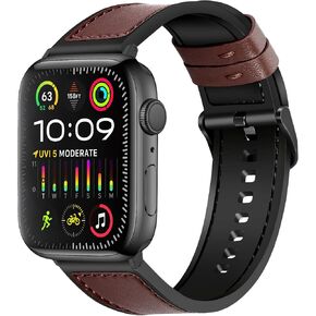 Leather-Band Compatible with Apple Watch Band 49/45/44/42/38/40/41mm men women,Comfortable Breathable Sweatproof Genuine Leather and Rubber Hybrid Watch Band