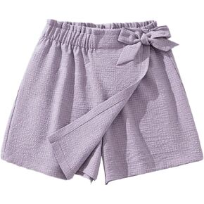 WDIRARA Girl's Bow Decor Shorts Elastic Waist Textured Sport Skorts Summer Loose Casual Solid Skirt Pants