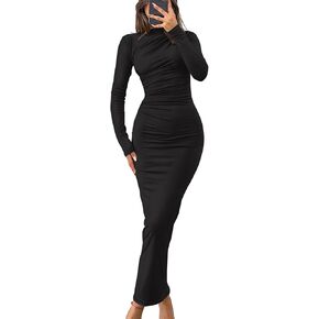 ZESICA Women's 2024 Fall Long Sleeve Bodycon Maxi Dresses Sexy Ruched Crew Neck Slim Fit Cocktail Party Dress