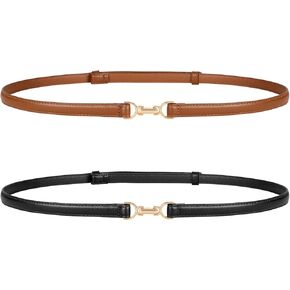 JASGOOD 2 Pack Women Skinny Faux Leather Belts Thin Waist Belts With Adjustable Gold Buckle for Dresses Jeans
