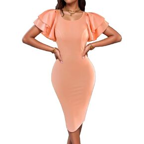 Women's Casual Summer Dresses Elegant Party Work Cocktail Bodycon Round Neck Ruffle Short Sleeve Pencil Midi Dress 672
