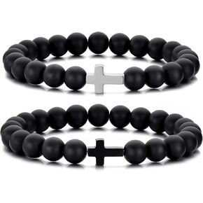 Beaded Cross Bracelets for Men Women 8mm Black Bead Stretch Bracelets Cross Charm Bracelet