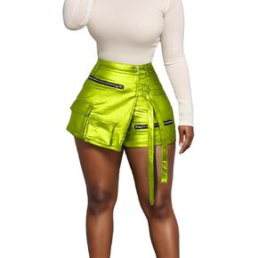 Women's Sexy High Waisted Metallic Faux Leather Wrap Mini Skirt Shorts Plus Size Cargo Skort