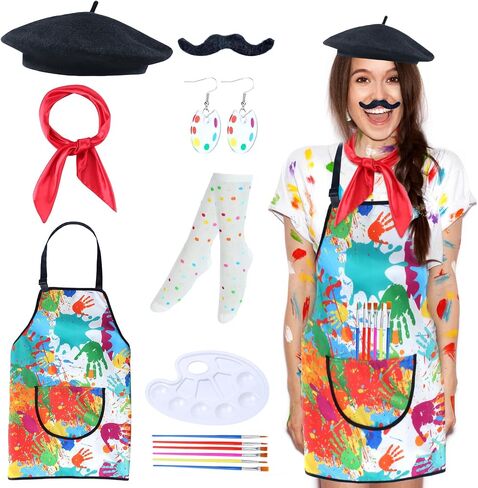 Kyson Artist Costume for Adult 8 Pcs Painter Halloween Dress Up with Beret Apron Palette Paint Brushes Earrings Bandana Beard in Saudi Arabia