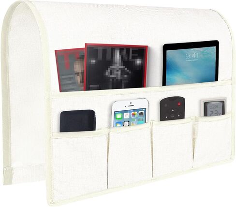 NICEEC Non Slip Linen Sofa Armrest Organizer for Sofa Couch Recliner Remote Holder Armchair Caddy with 6 Pockets Storage for Magazine Books,TV Remote Control,Cell Phone,Glasses,Charger-White in Saudi Arabia