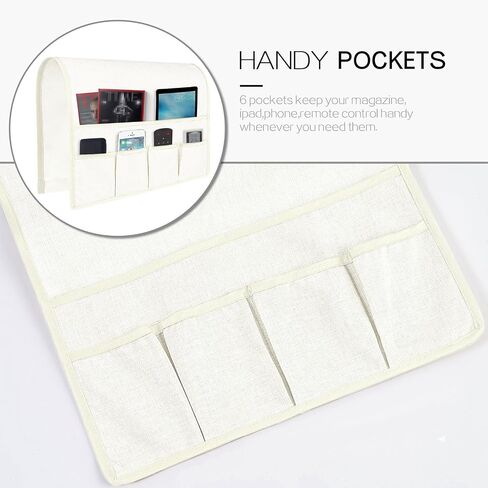 NICEEC Non Slip Linen Sofa Armrest Organizer for Sofa Couch Recliner Remote Holder Armchair Caddy with 6 Pockets Storage for Magazine Books,TV Remote Control,Cell Phone,Glasses,Charger-White in Saudi Arabia