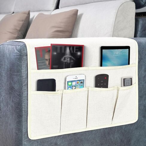 NICEEC Non Slip Linen Sofa Armrest Organizer for Sofa Couch Recliner Remote Holder Armchair Caddy with 6 Pockets Storage for Magazine Books,TV Remote Control,Cell Phone,Glasses,Charger-White in Saudi Arabia