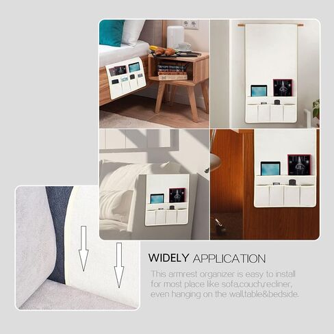 NICEEC Non Slip Linen Sofa Armrest Organizer for Sofa Couch Recliner Remote Holder Armchair Caddy with 6 Pockets Storage for Magazine Books,TV Remote Control,Cell Phone,Glasses,Charger-White in Saudi Arabia