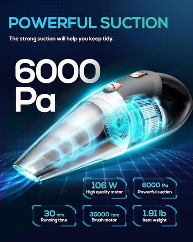 مكنسة كهربائية للسيارة، مكنسة كهربائية محمولة خفيفة الوزن بقوة 6000 باسكال مع شفط قوي، استخدام رطب/جاف، سلك 16.5 قدم، محرك قوي 106 وات للتنظيف الداخلي للسيارة وشعر الحيوانات الأليفة الرملي، أسود in Kuwait
