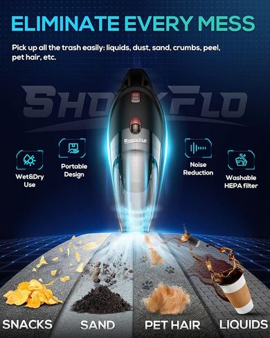 مكنسة كهربائية للسيارة، مكنسة كهربائية محمولة خفيفة الوزن بقوة 6000 باسكال مع شفط قوي، استخدام رطب/جاف، سلك 16.5 قدم، محرك قوي 106 وات للتنظيف الداخلي للسيارة وشعر الحيوانات الأليفة الرملي، أسود in Kuwait