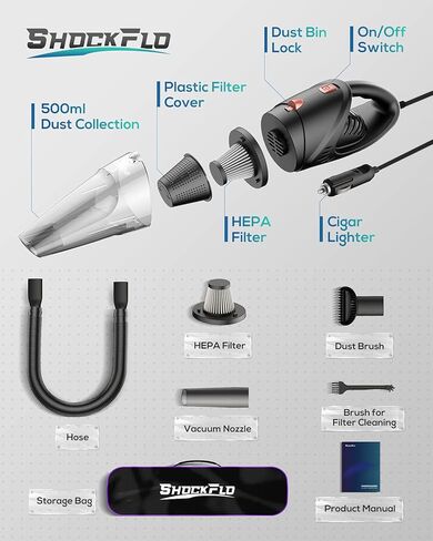 مكنسة كهربائية للسيارة، مكنسة كهربائية محمولة خفيفة الوزن بقوة 6000 باسكال مع شفط قوي، استخدام رطب/جاف، سلك 16.5 قدم، محرك قوي 106 وات للتنظيف الداخلي للسيارة وشعر الحيوانات الأليفة الرملي، أسود in Kuwait