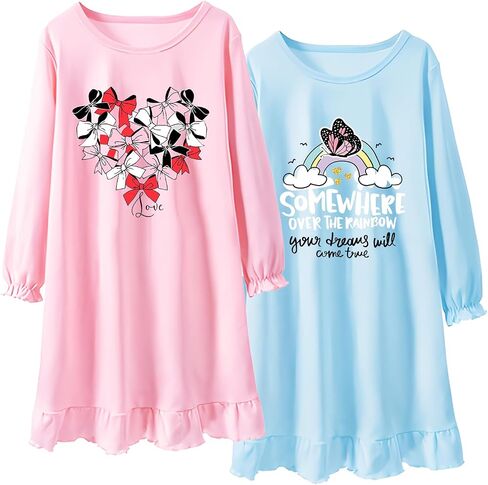 2Pcs Girls Nightgowns 3-10 Years Flutter Long Sleeves Nightdress Nightie Dress Sleepwear Pajamas for Toddler Kids Girls in Saudi Arabia