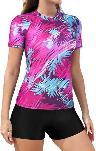 ملابس سباحة SHEKINI للسيدات مكونة من قطعتين من حمالة الصدر Rash Guard مع بلوزة بأكمام قصيرة وشورت بويشورت in Saudi Arabia