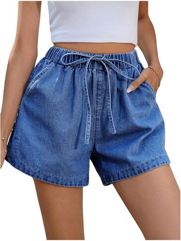 OYOANGLE Women's Elastic Waist Tie Front Straight Leg Denim Shorts Casual Jean Shorts with Pocket in Saudi Arabia