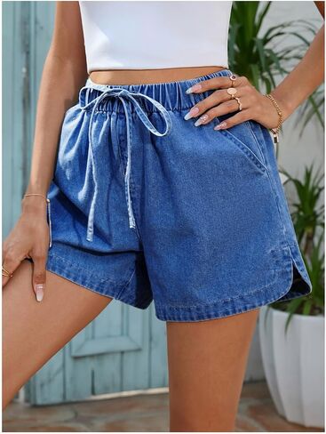 OYOANGLE Women's Elastic Waist Tie Front Straight Leg Denim Shorts Casual Jean Shorts with Pocket in Saudi Arabia
