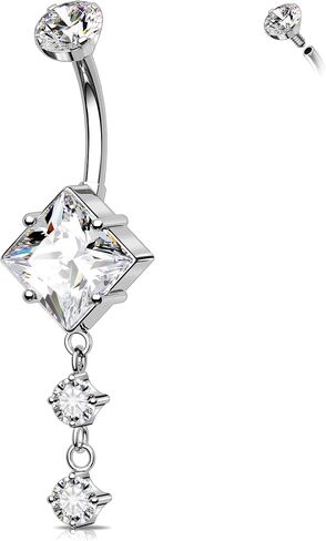 Melighting Titanium Belly Button Ring 14G Dangle Belly Ring Internally Threaded G23 Titanium Belly Piercing Square Clear CZ Navel Barbell Body Piercing Jewelry for Women in Saudi Arabia