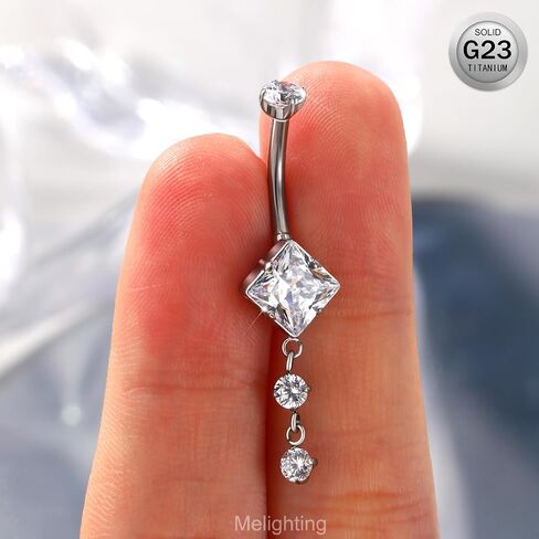 Melighting Titanium Belly Button Ring 14G Dangle Belly Ring Internally Threaded G23 Titanium Belly Piercing Square Clear CZ Navel Barbell Body Piercing Jewelry for Women in Saudi Arabia