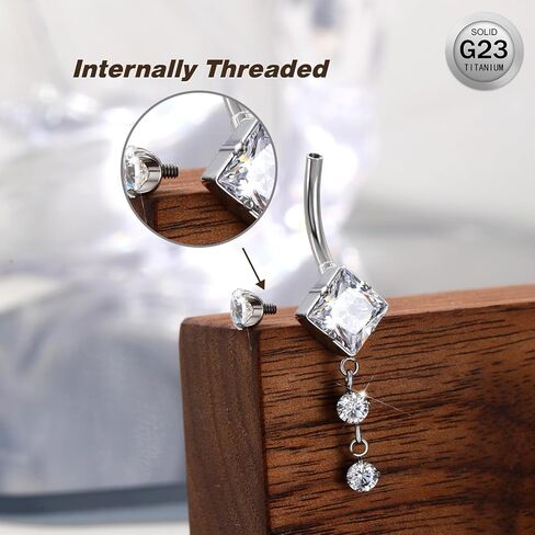 Melighting Titanium Belly Button Ring 14G Dangle Belly Ring Internally Threaded G23 Titanium Belly Piercing Square Clear CZ Navel Barbell Body Piercing Jewelry for Women in Saudi Arabia