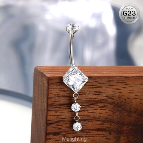 Melighting Titanium Belly Button Ring 14G Dangle Belly Ring Internally Threaded G23 Titanium Belly Piercing Square Clear CZ Navel Barbell Body Piercing Jewelry for Women in Saudi Arabia