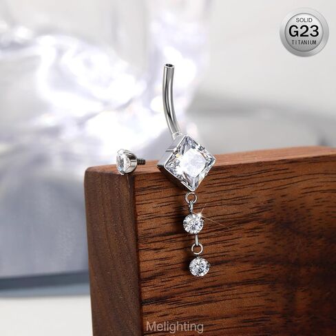 Melighting Titanium Belly Button Ring 14G Dangle Belly Ring Internally Threaded G23 Titanium Belly Piercing Square Clear CZ Navel Barbell Body Piercing Jewelry for Women in Saudi Arabia