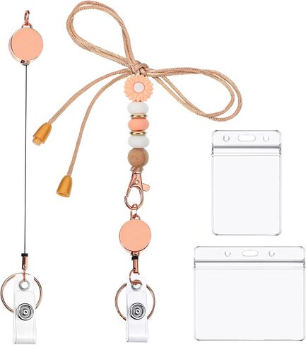 Cute Teacher Lanyard with ID Badge Holder Silicone Beads Lanyards with Badge Reels Retractable Card Holder for Teacher Women Office Nurse (Rose Daisy) in Saudi Arabia