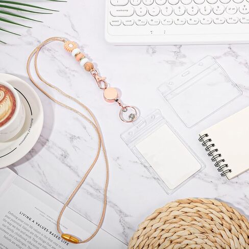 Cute Teacher Lanyard with ID Badge Holder Silicone Beads Lanyards with Badge Reels Retractable Card Holder for Teacher Women Office Nurse (Rose Daisy) in Saudi Arabia
